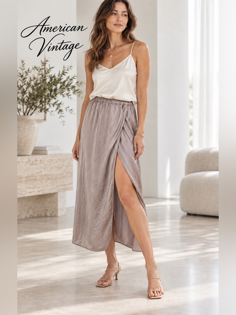 American Vintage Widland Satin Wrap Midi Skirt Taupe L NWT